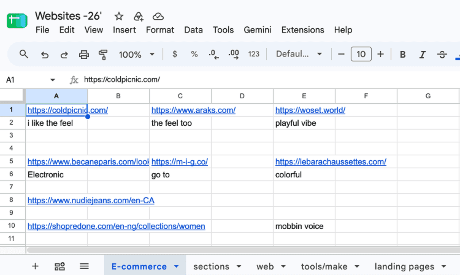 The original spreadsheet — links beside notes reading 'i like the feel', 'playful vibe', 'colorful'